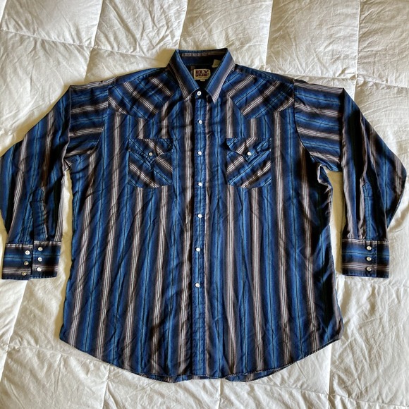 Vintage ELY Cattleman Men's XL Pearl Snap  LS Shirt Stripe Blue Brown Western - Picture 2 of 13